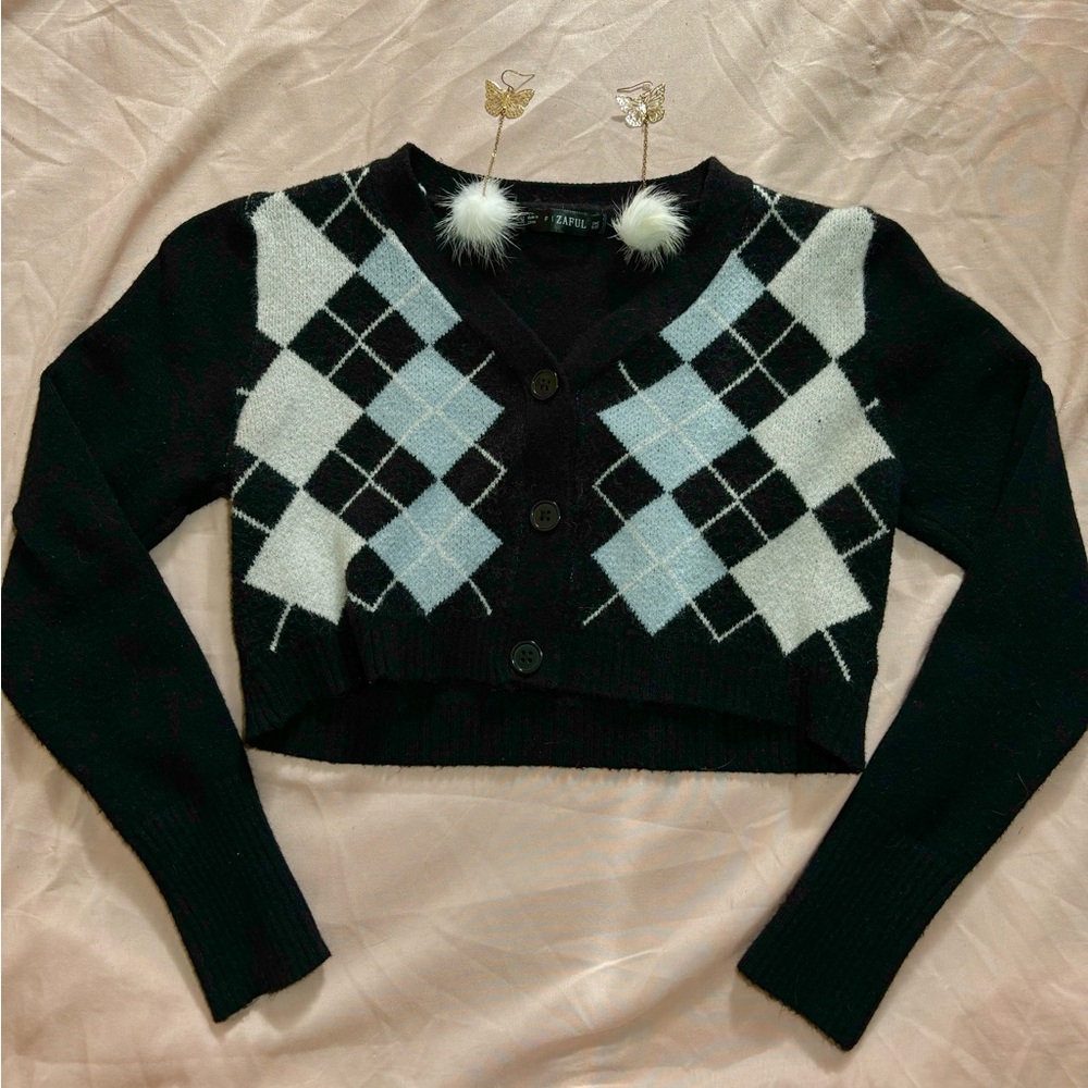 zaful black & blue argyle cardigan sweater🖤🩵